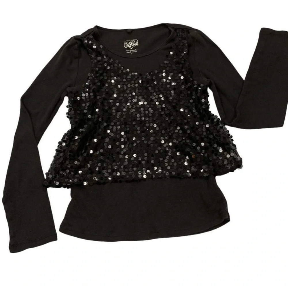 Justice | Sequin Overlay Long Sleeve Tee | Black | 7